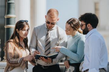 Professionals discussing business expansion, analyzing market trends, and working on financial planning in a city setting.