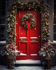 Fototapeta na wymiar Christmas wreath with decor on a wooden front door