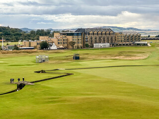St Andrews, Scotland - September 22, 2023: Aerial view of the Old Course in St Andrews Scotland
