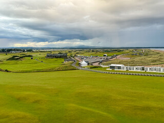 St Andrews, Scotland - September 22, 2023: Aerial view of the Old Course in St Andrews Scotland
