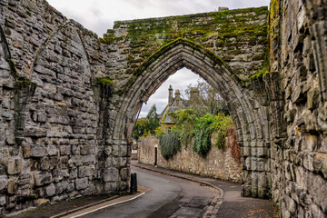 Fototapeta na wymiar St Andrews, Scotland - September 22, 2023: The stone walls and roadways around the cathedral grounds in St Andrews Scotland 