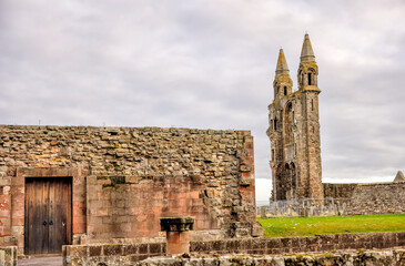 St Andrews, Scotland - September 22, 2023: The stone walls and roadways around the cathedral...