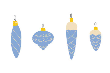 Collection of beautiful vintage baubles and decorations for Christmas tree. Set of holiday ornaments. Colored vector illustration in flat cartoon hygge style.