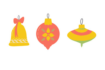 Collection of beautiful vintage baubles and decorations for Christmas tree. Set of holiday ornaments. Colored vector illustration in flat cartoon hygge style.
