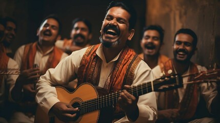 Fototapeta premium A folk band performing, lifting spirits in song 