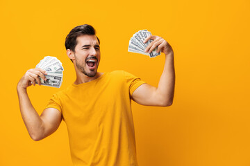Man business money cash happy dollar smiling finance background yellow rich currency
