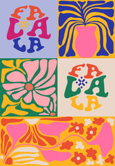 Fa la la song vibes design with round text for Christmas celebration. 60s groovy poster.