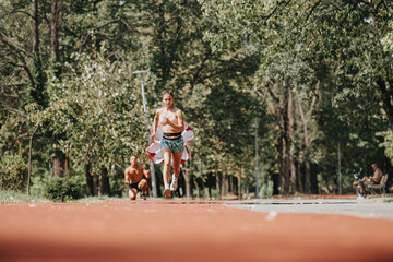 Fototapeta premium Caucasian athletes running in a park, training together for better body shape and stronger muscles. Enjoying sunny outdoor workouts and motivating each other for positive results.