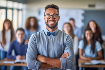 Fototapeta premium Male portrait of young teacher in class looking at camera with students in the background, back to school.