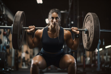 Fototapeta na wymiar Bodybuilder Woman Lifting Weights, A Muscular Athlete Engaged in Intense Weightlifting Training for Enhanced Strength and Endurance