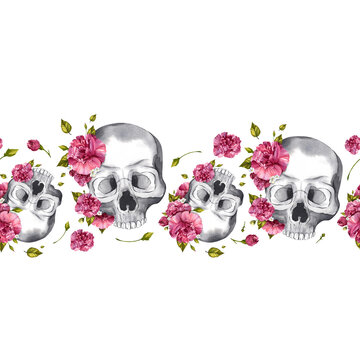 Horizontal border of human skull with flowers and carnation buds. The day of the Dead. Watercolor illustration for Halloween design. For the design of textiles, paper packaging