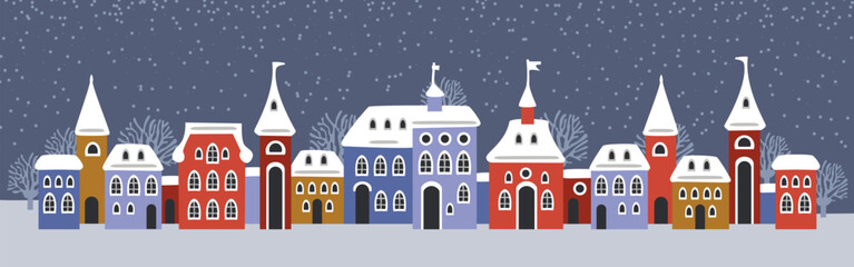 Cute Christmas and winter houses. Snowy night in cozy christmas town city panorama. Winter village night landscape Christmas outdoor decorations.
