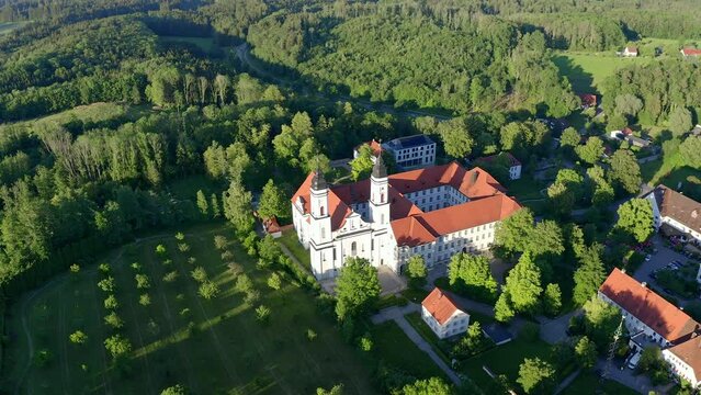Aerial view flight at Benedictine monastery in Irsee, Diocese of Augsburg