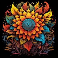 retro mesmerizing psychedelic Sunflower, with swirling patterns, vibrant colors, and psychedelic rays emanating from the center of the flower