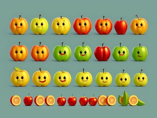 3D Animation Style Cute character apple collection