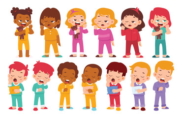 Set of Children feel sleepy and want to sleep Collection. pajamas yawn and ready to rest and sleep in bedtime, Diversity Family Parenthood Kindergarten. vector illustration
