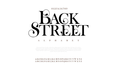 Backstreet premium luxury elegant alphabet letters and numbers. Elegant wedding typography classic serif font decorative vintage retro. Creative vector illustration