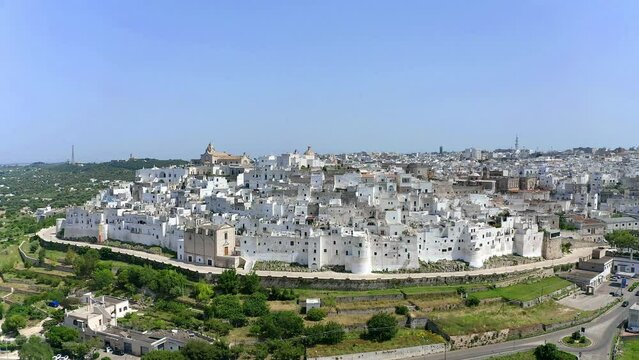 Aerial view, flight at the Mountain village, Ostuni, Apulia, Southern Italy