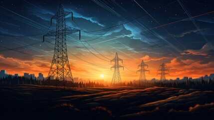 Electricity transmission towers with orange glowing wires the starry night sky. Energy infrastructure concept, energy, electricity, voltage, supply, pylon, technology.