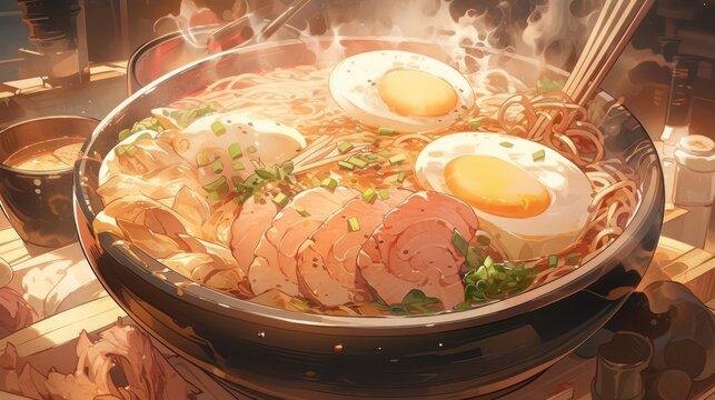 A bowl of steaming ramen with vibrant toppings, captured in a dramatic close-up shot with swirling steam manga cartoon style