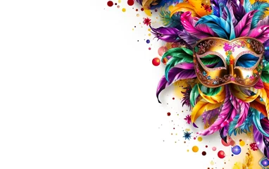 Rollo Happy Mardi Gras poster, copy space. Venetian masquerade sequin mask with feathers for carnivals isolated on white background. Costume party outfit. Paper mache style face covering. AI Generative © your_inspiration