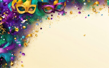 Happy Mardi Gras poster. A banner template with Venetian masquerade masks, confetti and colourful feathers isolated on light background, copy space. Costume party flyer for carnivals. AI Generative