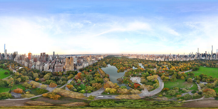 Aerial 360 equirectangular stock photo of Central Park New York USA