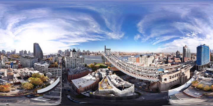 Aerial 360 panorama equirectangular photo of Brooklyn New York with view of river and NYC