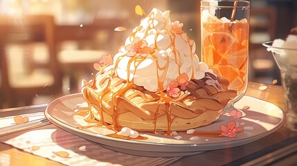 A slice of creamy and velvety pumpkin pie, captured in a cozy close-up shot with a dollop of whipped cream manga cartoon style - obrazy, fototapety, plakaty