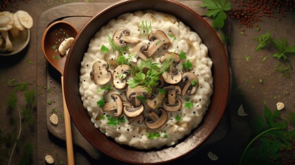 A bowl of creamy and aromatic mushroom risotto, captured in a luxurious overhead shot with a shaving of truffle