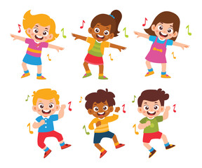 Group of Children Dancing with Friends Collection. kids dancing, jumping in different poses, dressed in casual outfit clothes. Diversity Family Parenthood Kindergarten. vector illustration