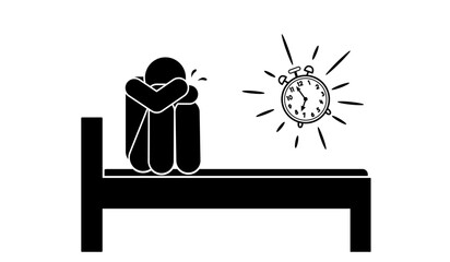 stick figure cartoon vector illustration frustrated, unhappy, unable to sleep due to insomnia