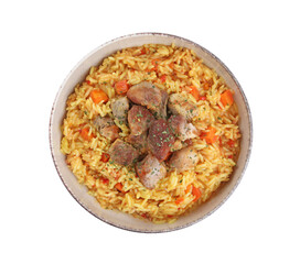 Delicious pilaf with meat isolated on white, top view