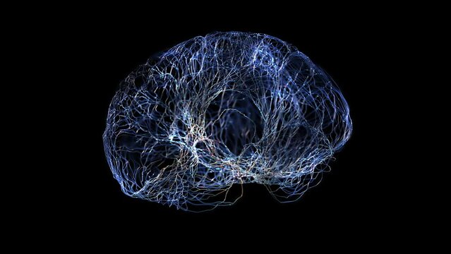 Artificial intelligence digital brain, animation of AI deep learning process, neurons glow simulating a thinking process.