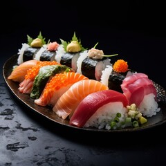 artfully arranged plate of sushi nigiri, showcasing a variety of fish and seafood delicately placed on beds of sushi rice, cinematic food photography