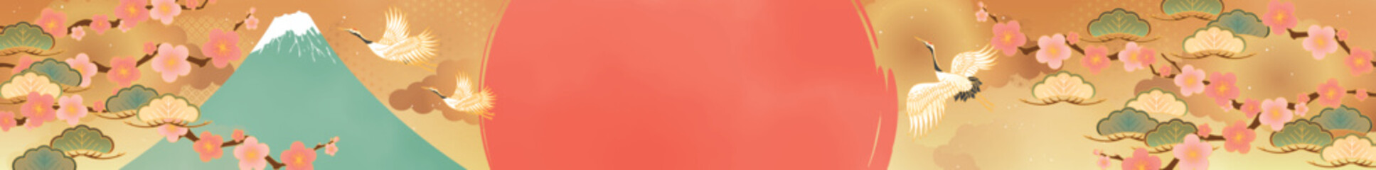 お正月和柄背景　富士山と梅と鶴