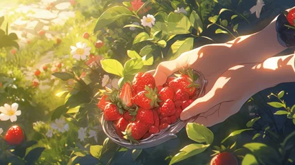 Gartenposter A dynamic shot of a hand reaching out to pluck a ripe and juicy strawberry from a strawberry field manga cartoon style © Tina