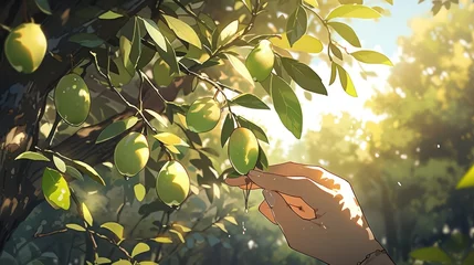 Foto op Plexiglas A low-angle shot of a hand picking a ripe pear from a tree, with leaves and branches framing the shot manga cartoon style © Tina
