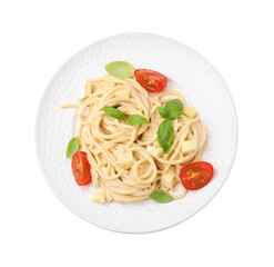 Delicious pasta with brie cheese, tomatoes and basil leaves isolated on white, top view