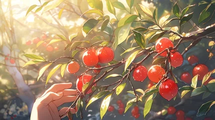 Fototapeten A low-angle shot of a hand plucking a ripe plum from a tree, capturing the fruit against a backdrop of leaves manga cartoon style © Tina