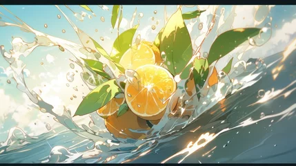 Poster A low-angle shot of a refreshing citrus fruit being squeezed, capturing the citrusy spray in mid-air manga cartoon style © Tina