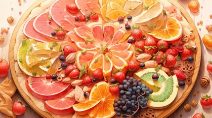 Fototapeten An overhead shot of a fruit platter, with a mix of sliced fruits arranged in an elegant and symmetrical pattern manga cartoon style © Tina