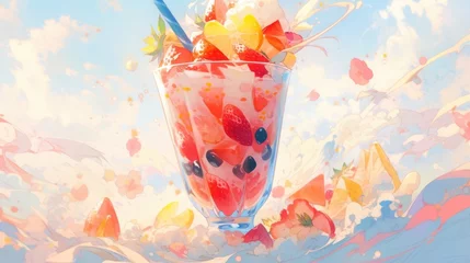 Ingelijste posters An overhead shot of a fruit smoothie being poured into a glass, capturing the swirling motion and vibrant colors manga cartoon style © Tina