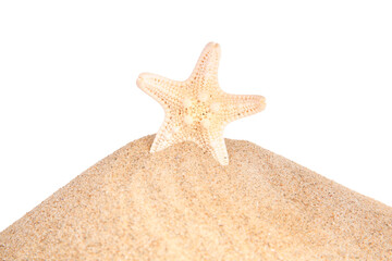 Fototapeta na wymiar Sand with beautiful sea star isolated on white