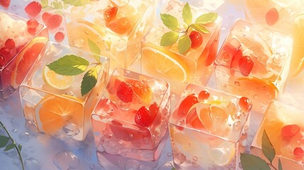 An overhead shot of a fruit-infused ice cube tray, with sliced fruits frozen in the transparent cubes manga cartoon style