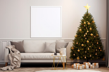 Living room with Christmas tree, gifts, white sofa, and blank picture frame on wall with copy space	

