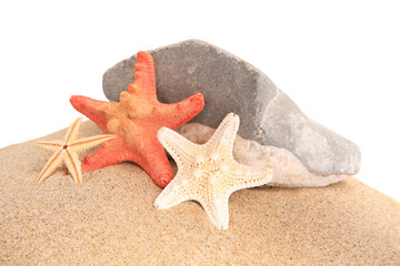 Fototapeta na wymiar Sand with many beautiful sea stars and stone isolated on white