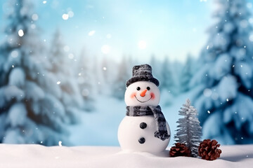 Obraz premium Happy snowman in winter scenery with copy space