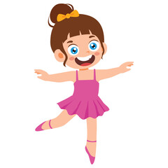 Cute Kid Ballerina Girl dancing, Child wear Pink Tutu Dress and Dancing Pointe Training in different poses, dressed in casual outfit clothes. Diversity Kindergarten. vector illustration