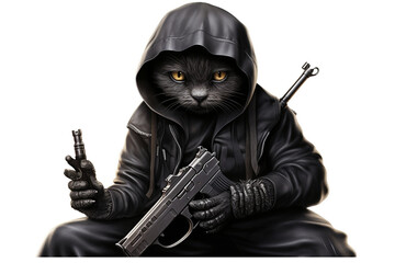 An ashen cat in a black bandana is holding a gun and a folding knife. White background